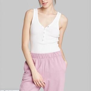 Wild Fable White Ribbed V-Neck Snap Button Body Suit Size Small